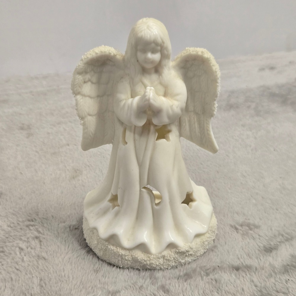 White Ceramic Praying Angel Figurine Tea Light Candle Holder Star Cutouts 5 inch